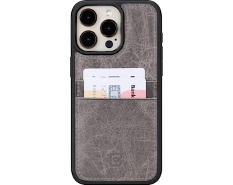 Handgjort polerat grått läderfodral till iPhone 15/16 med kortplatser