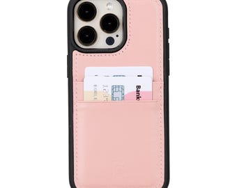 Rosa läderskal till iPhone 15/16: Handgjort fullnarvat läder, kortfack