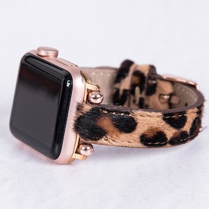 Leopard Print Furry Leather Apple Watch Band | Fits All Apple Watch Fitbit Series | Stylish and Comfortable Full-Grain Leather Watch Strap