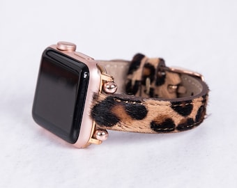 Leopard Print Furry Leather Apple Watch Band | Fits All Apple Watch Fitbit Series | Stylish and Comfortable Full-Grain Leather Watch Strap