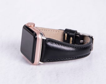 Correa delgada de cuero genuino de grano completo negro para Apple Watch - Correa para todos los modelos de Apple Watch.