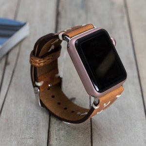 Brown Premium Genuine Leather Apple Watch Band With White Stitches for Women and Men iWatch Bracelet for All Series image 4