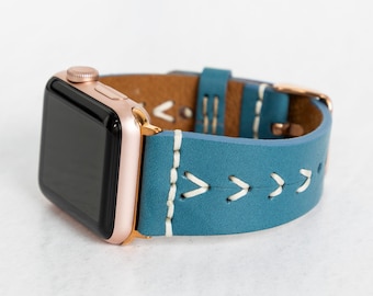 Blått läderarmband för Apple Watch: Vita sömmar, för Apple och Fitbit alla serier
