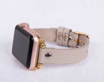 Beige läderarmband för Apple Watch: Handgjort iWatch-armband med guldnitdetaljer
