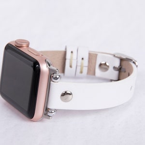 White Premium Genuine Leather Apple Watch Band with Silver Rivet Details | Compatible with Apple & Fitbit | Silver Details, All Series