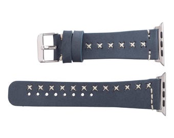 Blått fullnarvat läderarmband för Apple Watch, vita sömmar, personligt unisexarmband