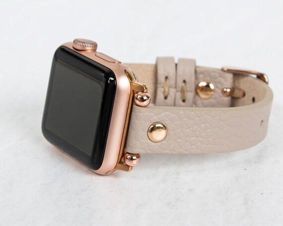 Beige Leather Slim Apple Watch 9 Band for Women and Men 38mm 40mm