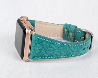 Grönt läderarmband till Apple Watch: Handgjorda turkosa sömmar