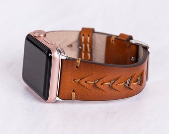 Brown Leather Band with Handmade Stitching details for Apple Watch - Unisex | Fits All Apple Watch Series| Premium Leather