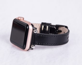 Black Handmade Leather Watch Band  - Skinny Apple and FitBit Watch All Series  - Genuine Premium Leather