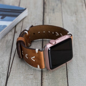 Brown Premium Genuine Leather Apple Watch Band With White Stitches for Women and Men iWatch Bracelet for All Series image 3