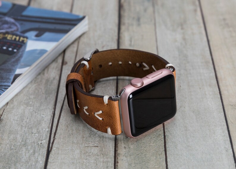 Brown Premium Genuine Leather Apple Watch Band With White Stitches for Women and Men iWatch Bracelet for All Series image 3