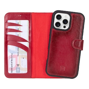 Funda de cuero tipo billetera para iPhone 15 y 16 / Funda magnética tipo folio roja bruñida hecha a mano / Funda desmontable para iPhone 15-16
