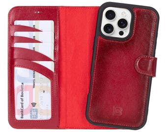 Handgjort läderfodral till iPhone 15/16: Magnetiskt foliefodral, avtagbart