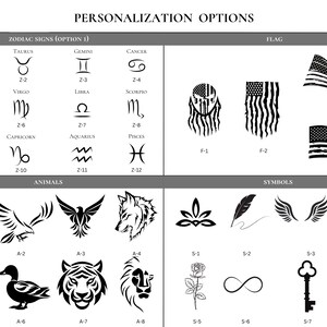 May include: A black and white graphic design chart with personalization options for a product. The chart includes zodiac signs, animals, flags, and symbols. The chart is labeled "Personalization Options".