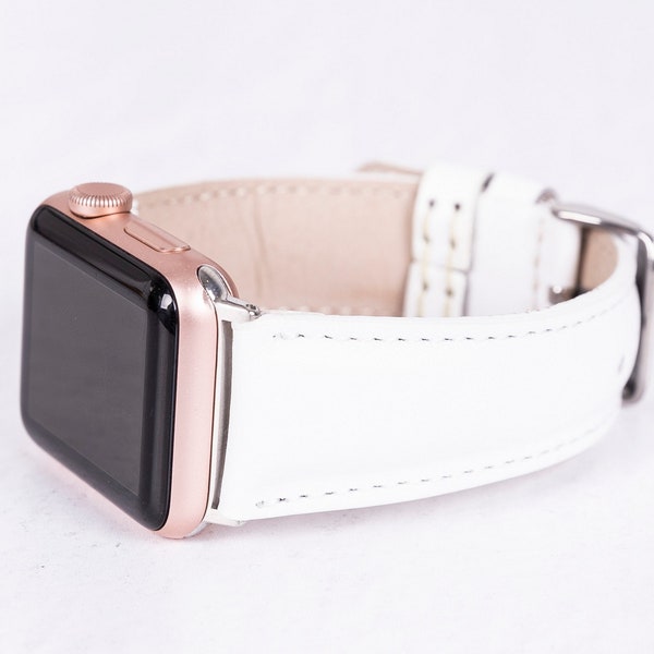 White Leather Apple Watch Band for Women and Men - iWatch Bracelet for All Series - Free Engraving - Next Day Shipping - Genuine Leather