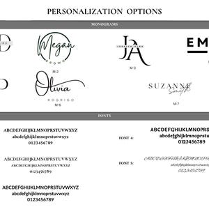 A chart displaying different monogram styles and font options for personalizing the leather products.