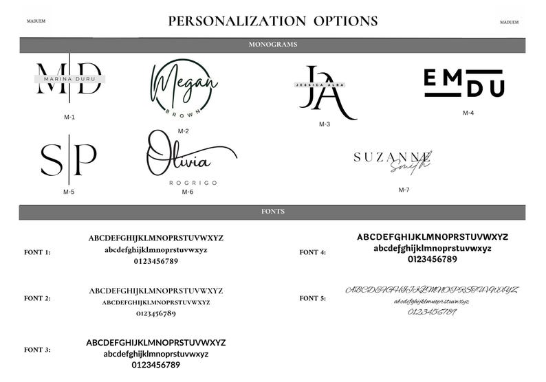 A chart displaying different monogram styles and font options for personalizing the leather products.