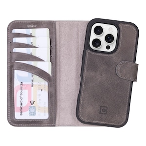 Funda de cuero gris vintage hecha a mano para iPhone 15 y 16, diseño de billetera magnética desmontable para iPhone 15 y 16