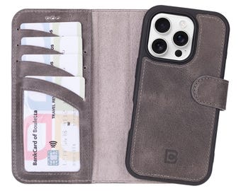 Handgjort grått läderfodral för iPhone | Magnetisk folio, anpassningsbar