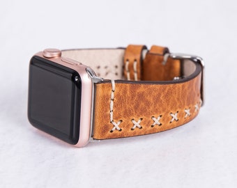 Handmade Classic Brown Leather Band with Stitching Details for Apple Watch - Unisex | Fits All Apple Watch Series | Free Engraving