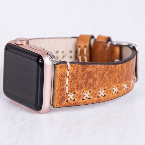 Handmade Classic Brown Leather Band with Stitching Details for Apple Watch - Unisex | Fits All Apple Watch Series | Free Engraving