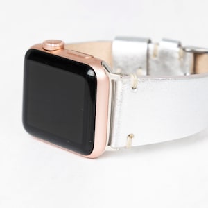 Silver Shiny Color Leather Apple Watch Band All Apple and Fitbit Series - Premium Full Grain Leather - Silver iWatch Bracelet