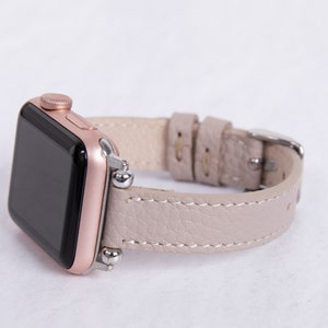 Beige Leather Slim Apple Watch Band with Silver Details for Women and Men - Premium Handmade Full-Grain Leather Luxury iWatch Bracelet
