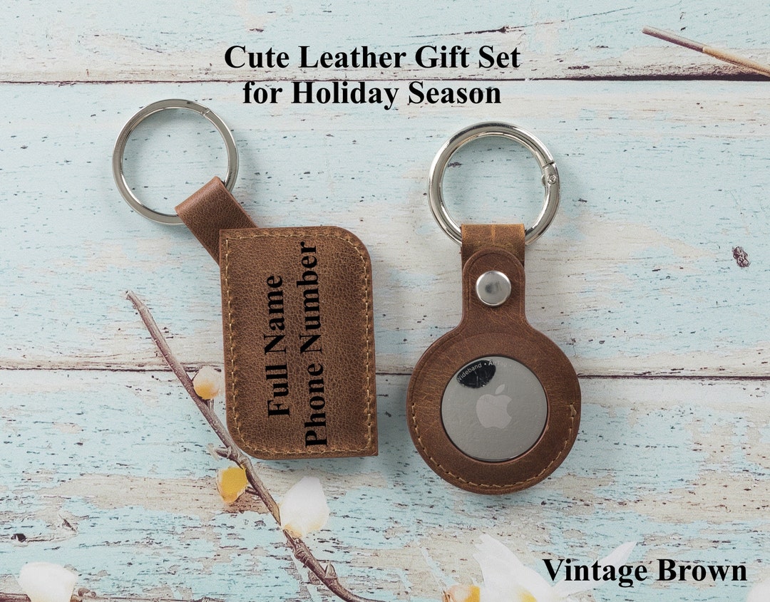 Custom Apple AirTag Leather Keychain & Small Luggage Tag Gift Set, Personalized Leather Case for