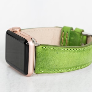 Green Genuine Handmade Leather Slim Apple Watch Band | Compatible with Apple & Fitbit | All Series, Silver Details, Custom Leather Strap