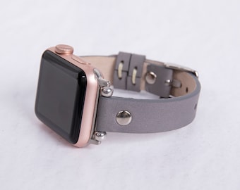 Gray Leather Apple Watch Band – Handmade Full Grain with Silver Rivets