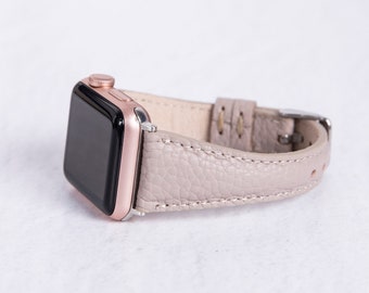 Beige Leather Slim Apple Watch Band for Women and Men - iWatch Bracelet for All Series - Free Engraving -Premium Genuine Leather Watch Strap