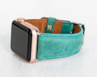 Grönt läderarmband för Apple Watch | Turkos handgjort iWatch-armband