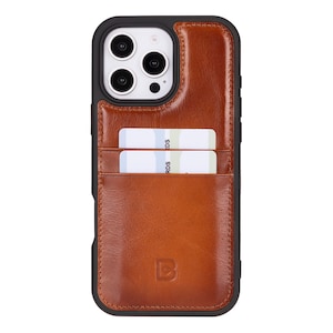 Funda de piel marrón bruñida para iPhone 15 y 16, hecha a mano, tipo cartera premium con ranuras para tarjetas, diseño elegante y elegante.