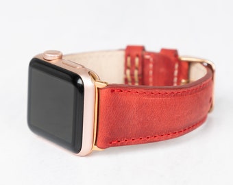 Rött läderarmband till Apple Watch: Handgjort iWatch-armband i fullnarvsläder