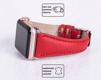 Correa delgada de cuero rojo hecha a mano para Apple Fitbit Watch, para hombres y mujeres - Pulsera de cuero premium para iWatch compatible con todas las series de Apple y Fitbit Watch.