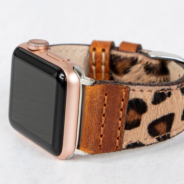 Bracelet pour montre Apple Watch en cuir à imprimé léopard fait main - Unisexe | Compatible avec toutes les séries | Gravure gratuite