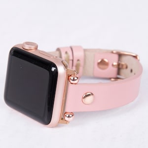 Pink Leather Slim Apple and Fitbit Watch Band with Rose Gold Details for Women  -  iWatch Bracelet for All Series- Genuine Premium Leather