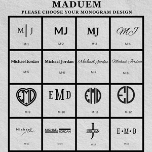 Może przedstawiać: Siatka wzor&oacute;w monogram&oacute;w z tekstem "MADUEM" i "PLEASE CHOOSE YOUR MONOGRAM DESIGN" na g&oacute;rze. Siatka zawiera r&oacute;żne kombinacje liter i style, w tym "MJ", "EMD" i "Michael Jordan".