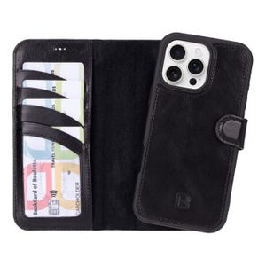 Funda tipo billetera de cuero negra hecha a mano para iPhone 15 y 16, funda tipo billetera magnética desmontable para iPhone 15 y 16