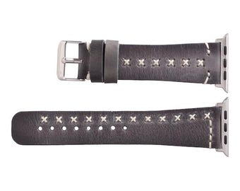 Grått läderarmband för Apple Watch: Unisex fullnarvat med vita sömmar