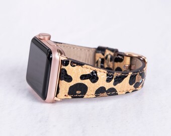 Leopard Print Handmade Leather Slim Apple Watch Band for Women, Compatible with All Apple and Fitbit Watch Band Series, Premium Full
