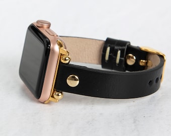 Uhrenarmband aus schwarzem Leder mit goldenen Details für Damen, handgefertigt aus Vollleder für Apple & Fitbit Smartwatches, elegant und langlebig