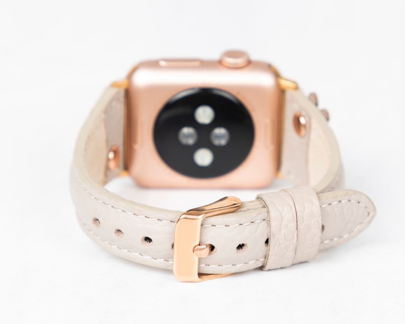 Correa fina de cuero beige con diseño floral para Apple Watch - Compatible con todas las series Apple y Fitbit. Correa de cuero de plena flor para las series 8, 9 y 10. imagen 2