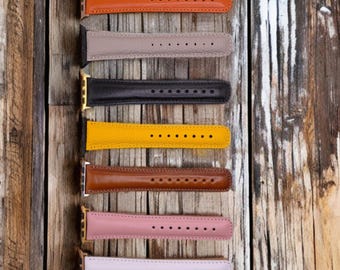 Klockarmband i fullnarvat läder för Apple Watch och Fitbit, handgjort klassiskt design, äkta läder, slitstarkt, herr/dam, snyggt tillbehör