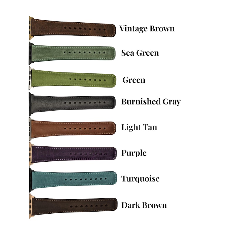 Może przedstawiać: Wyb&oacute;r sk&oacute;rzanych pask&oacute;w do zegark&oacute;w w r&oacute;żnych kolorach, w tym Vintage Brown, Sea Green, Green, Burnished Gray, Light Tan, Purple, Turquoise i Dark Brown. Każdy pasek jest pokazany z odpowiadającą mu nazwą koloru.