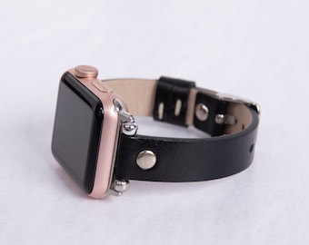 Correa fina de cuero negro para Apple Watch para mujer y hombre - Pulsera para todas las series Apple y Fitbit - Cuero genuino de grano completo