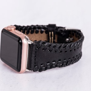 Black Leather Apple Watch Band with Stitching Details for Women and Men - iWatch Bracelet for All Series - 100% Genuine Premium Leather