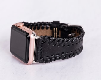 Correa de cuero negro para Apple Watch – Costura geométrica, cuero de grano completo de primera calidad