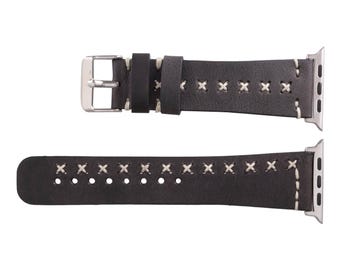 Handgjort svart läderarmband för Apple Watch: Vit sömdetalj
